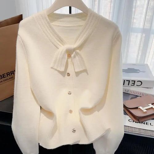 Load image into Gallery viewer, Autumn Winter Solid Elegant V Neck Bow Single Breasted Short Sweater Women's French 2024 New Long Sleeved Slim Knitted Tops Chic
