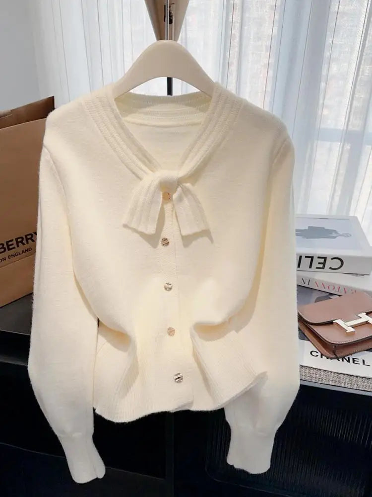 Autumn Winter Solid Elegant V Neck Bow Single Breasted Short Sweater Women's French 2024 New Long Sleeved Slim Knitted Tops Chic