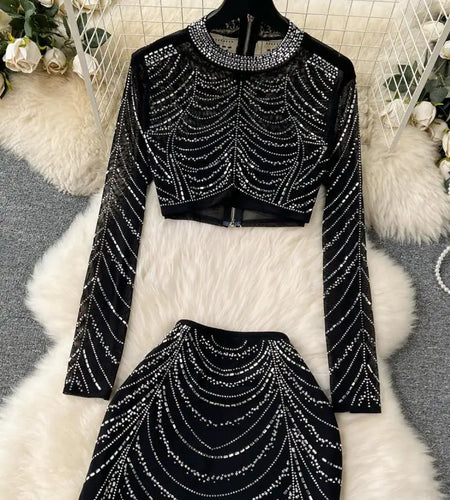 Vintage Fashion Women Black Long Sleeved Zipper Diamond Short Tops + High Waist Wrap Hip Skirts New Spring Autumn Two-piece Sets