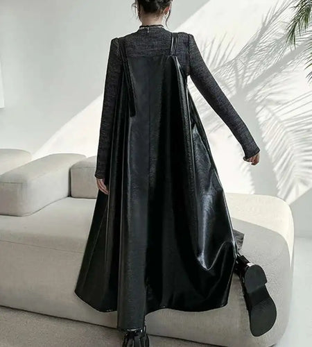 Women Black Pu Leather Big Size Casual Strap Dress New Square Collar Sleeveless Fashion Tide Spring Autumn 2025 1DH5160