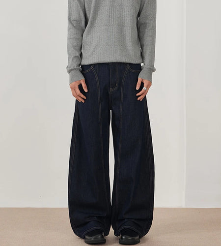 Men's Jeans New  American Style Straight Wide Leg Curved Jeans Solid Color Line Design Fashion Male Casual Trousers 9W1896