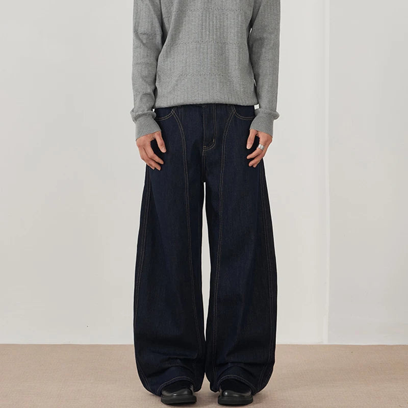 Men's Jeans New  American Style Straight Wide Leg Curved Jeans Solid Color Line Design Fashion Male Casual Trousers 9W1896