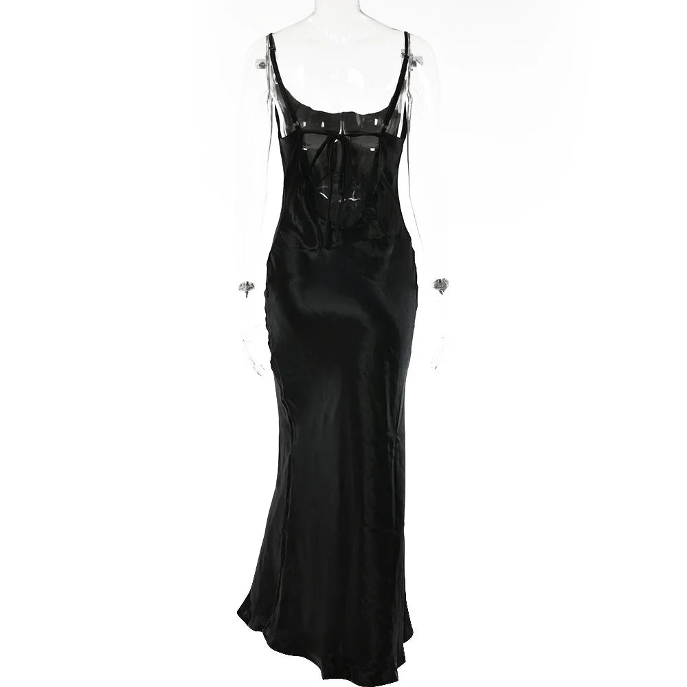 Elegant Satin Backless Maxi Dress For Women Gown Summer Spaghetti Strap Sleeveless Night Club Party Long Dress Vestido