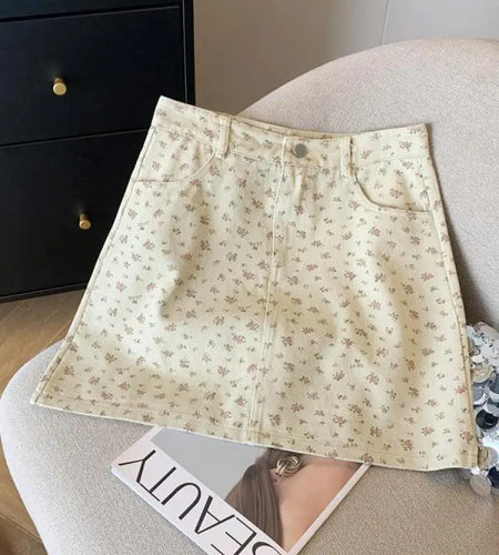Korean Spring Summer New Vintage Sweet High Waist Fashion Denim A-line Short Pencil Skirt Women Flower Wrapped Hip Mini Skirts