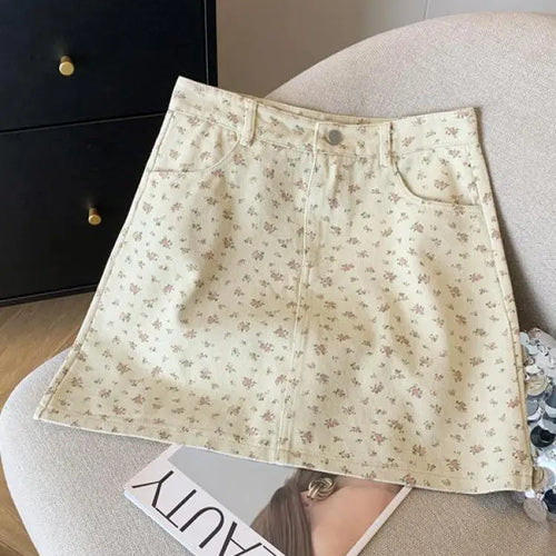 Load image into Gallery viewer, Korean Spring Summer New Vintage Sweet High Waist Fashion Denim A-line Short Pencil Skirt Women Flower Wrapped Hip Mini Skirts
