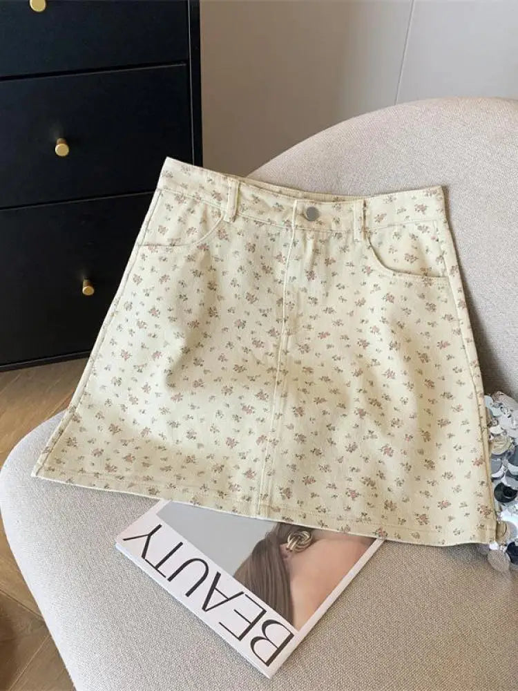 Korean Spring Summer New Vintage Sweet High Waist Fashion Denim A-line Short Pencil Skirt Women Flower Wrapped Hip Mini Skirts