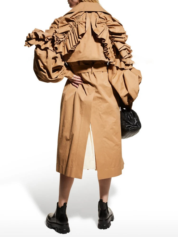 Frill Trim Windbreaker For Women Lapel Long Sleeve Solid Minimalsit Elegant Trench Coats Female Fashion Clothing