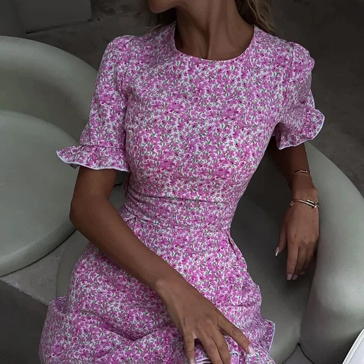 Short Ruffle Sleeve Floral Dress For Women Fashion O Neck High Waist A-line Loose Backless Sexy Mini Dress Elegant