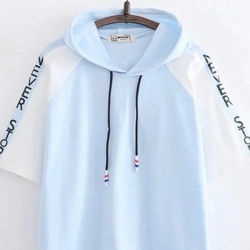 Load image into Gallery viewer, Letter Print Drawstring Hooded Casual Women T-Shirt Summer Short Sleeve O-neck T Shirts Sweet Ladies Korean Daily Thin Top
