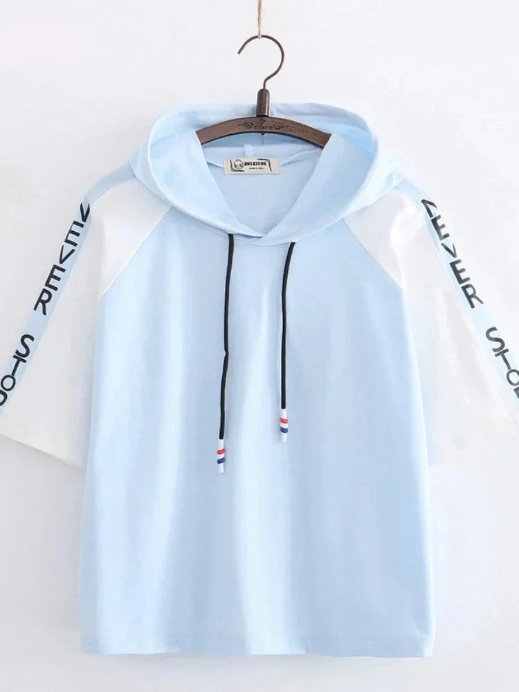 Letter Print Drawstring Hooded Casual Women T-Shirt Summer Short Sleeve O-neck T Shirts Sweet Ladies Korean Daily Thin Top