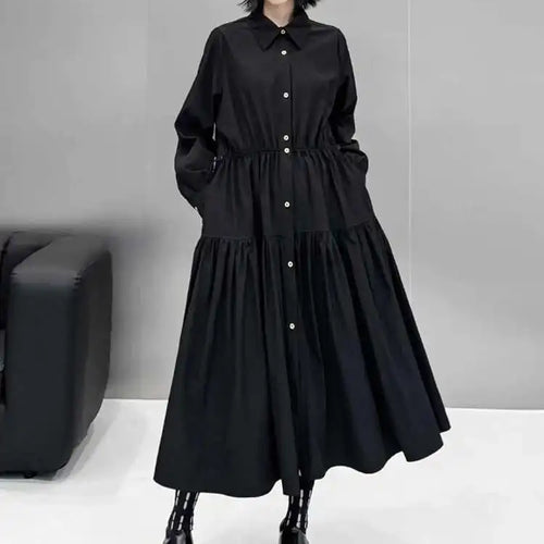 Load image into Gallery viewer, Women Black Big Size Elegant Shirt Dress Brief Pleated Hem New Lapel Long Sleeve Fashion Tide Spring Autumn 2025 1DH9327

