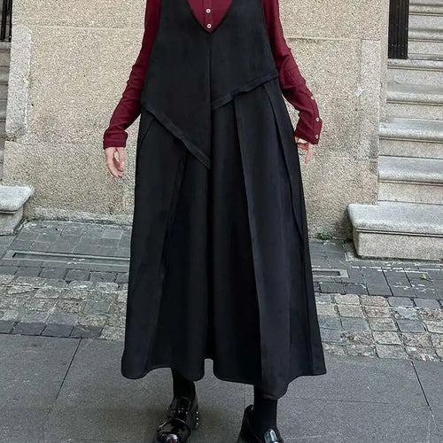 Load image into Gallery viewer, Women Black Irregular Spliced Big Size Long Strap Dress New V-Neck Sleeveless Fashion Tide Spring Autumn 2025 1DH7700
