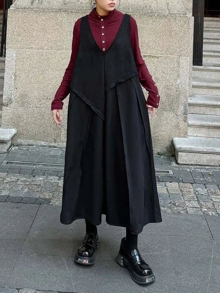Women Black Irregular Spliced Big Size Long Strap Dress New V-Neck Sleeveless Fashion Tide Spring Autumn 2025 1DH7700