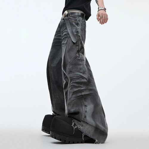 Load image into Gallery viewer, Niche Deign Male Denim Pants PU Leather Patchwork Worn-out Vintage Bottom Straight Wide Leg Male Jeans Summer 24Y155
