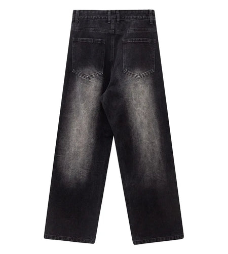 American Style Men's Denim Pants Washing Solid Color Washing Metal Design Straight Wide Leg Loose Male Jeans Summer 9W1984