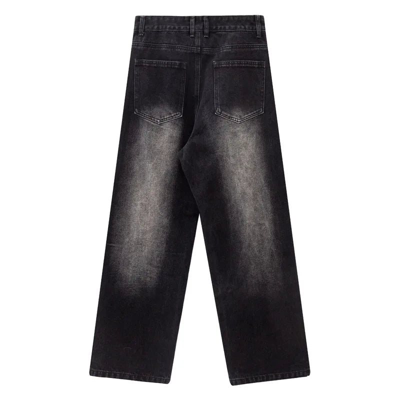 American Style Men's Denim Pants Washing Solid Color Washing Metal Design Straight Wide Leg Loose Male Jeans Summer 9W1984