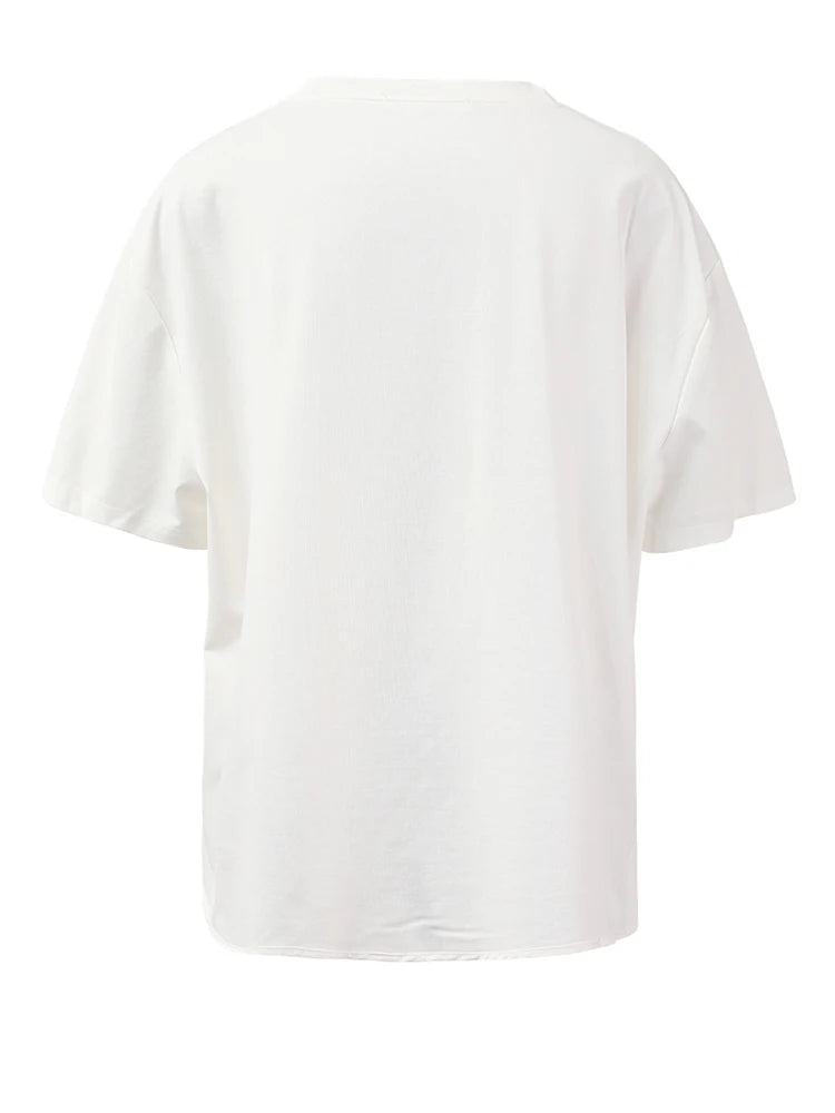 Women White Irreuglar Hem Double Layers Big Size  T-shirt New Round Neck Short Sleeve Fashion Spring Summer 2025 1DH5357