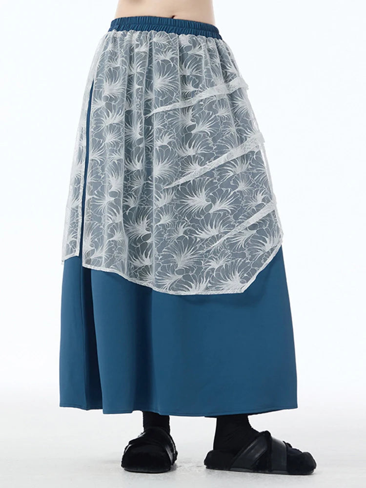 High Elastic Waist Black Lace Spliced Irregular A-line Half-body Skirt Women Fashion Tide New Spring Autumn 2025 1DJ1251