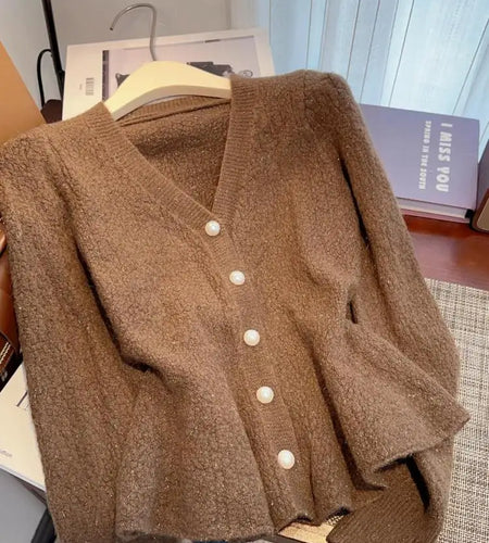 Autumn Winter Solid Elegant V Neck Single Breasted Ruffles Short Sweater Women's French 2024 New Long Sleeved Slim Knitted Tops