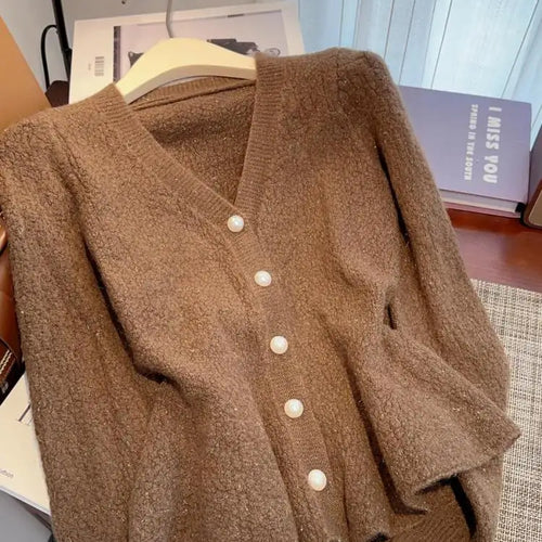 Load image into Gallery viewer, Autumn Winter Solid Elegant V Neck Single Breasted Ruffles Short Sweater Women's French 2024 New Long Sleeved Slim Knitted Tops
