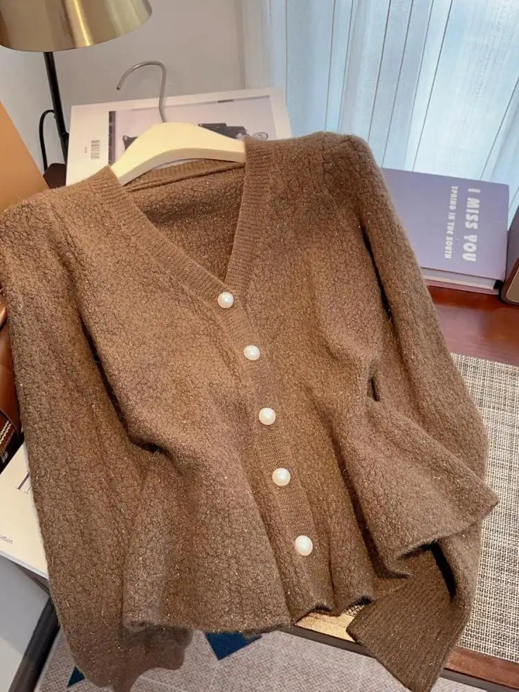 Autumn Winter Solid Elegant V Neck Single Breasted Ruffles Short Sweater Women's French 2024 New Long Sleeved Slim Knitted Tops