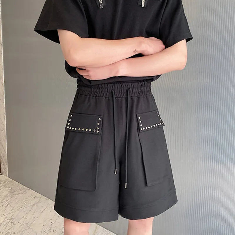 Elastic Waist Wide Leg Shorts Summer New Loose Male Straight Leg Pants Solid Color Pocket Lace-up Casual Trend 9C5354