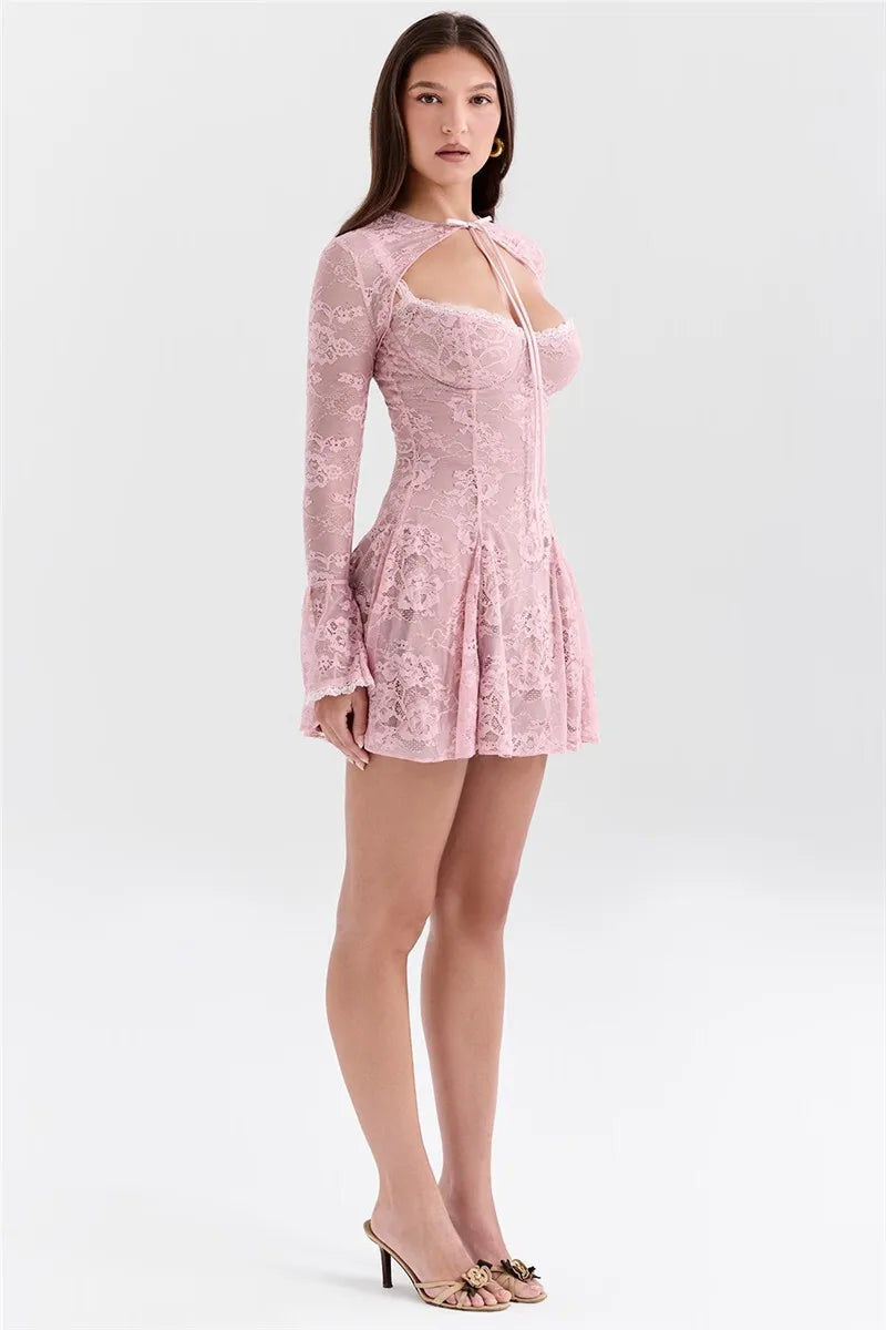 Lace Flare Long Sleeve Sexy Mini Dress For Women Robe Autumn New Pink O Neck A-line High Waist Pleated Dress Elegant
