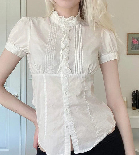 French Style Organ Folded Puff Sleeve White Shirts Women's Half High Collar Breasted Summer Blouse Slim-Fitting Tops