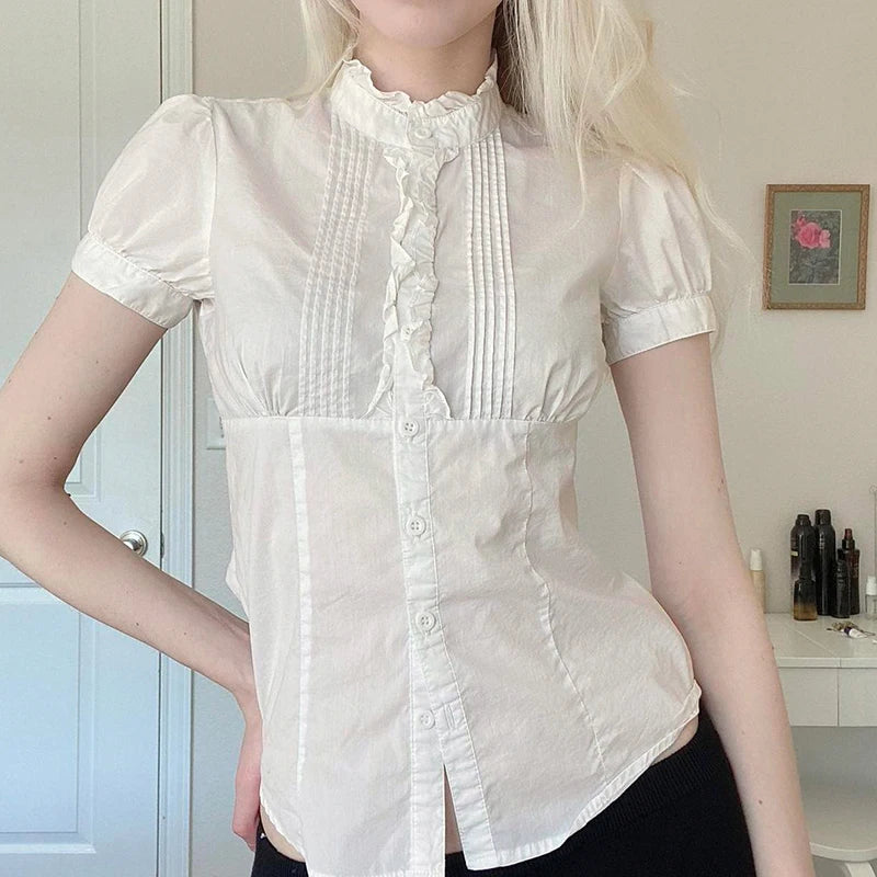 French Style Organ Folded Puff Sleeve White Shirts Women's Half High Collar Breasted Summer Blouse Slim-Fitting Tops