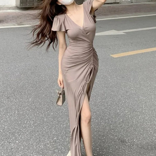 Load image into Gallery viewer, Summer Casual Bodycon Black Draw String Split Dress Women Vneck Ruched Wrap Long Dresses High Waist Sundress
