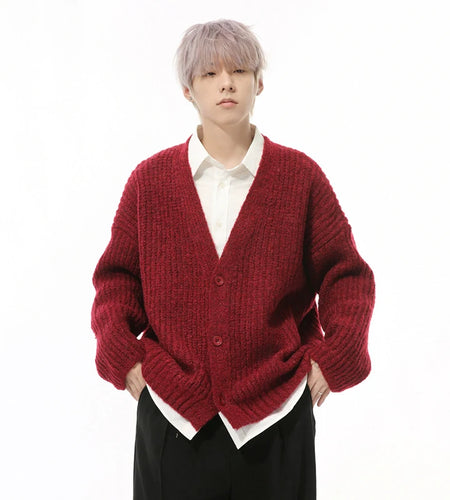 Korean Style Men's Cardigan Big V-neck Single Breasted Vintage Casual Knitting Tops Casual Menswear Sweaters Chic 9C9333