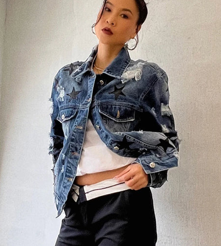 Denim Patchwork Strar Jacket For Women Lapel Long Sleeve Single Breasted Streetwear Jackets Female Fashion Clothing