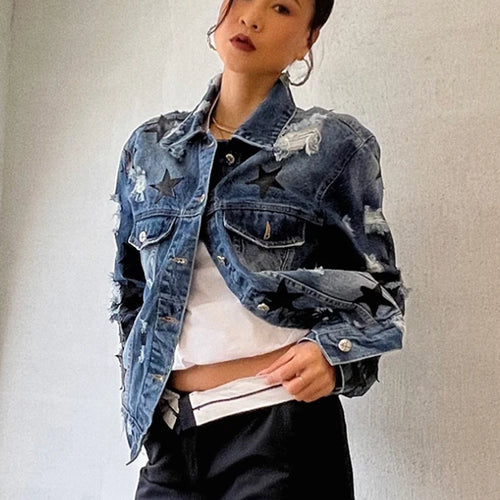 Load image into Gallery viewer, Denim Patchwork Strar Jacket For Women Lapel Long Sleeve Single Breasted Streetwear Jackets Female Fashion Clothing
