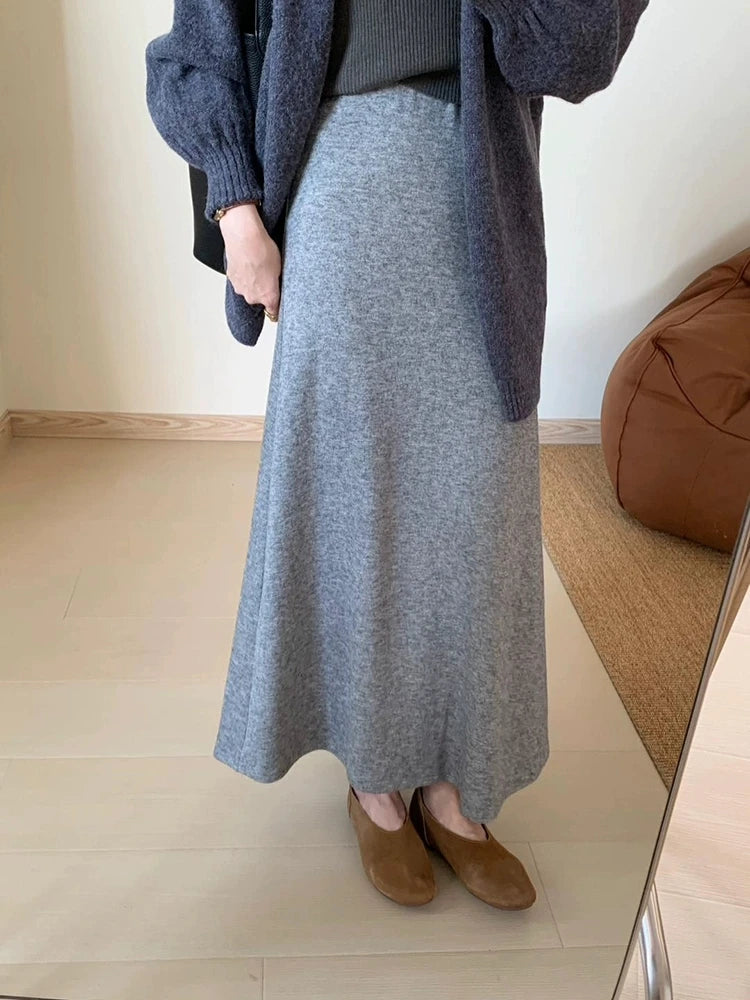 Korean Version 2024 Solid High Waist Versatile Slim Long Skirts For Women Autumn Office Elegant Festival Skirt Simplicity Street