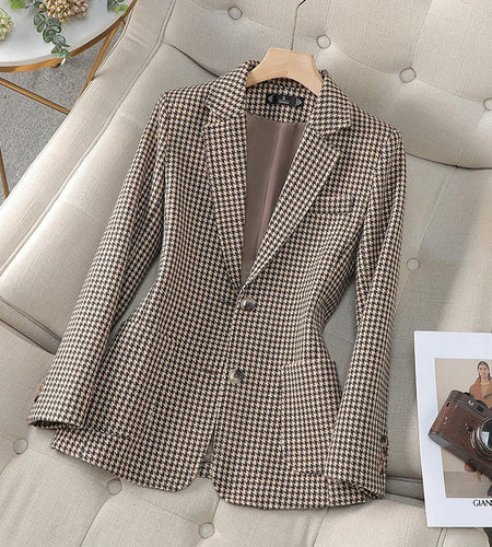 Autumn Winter Fashion Plaid Temperament Long Sleeved Elegant Blazer Coat Women Office Ladies Single Breasted Slim Tops Vacation
