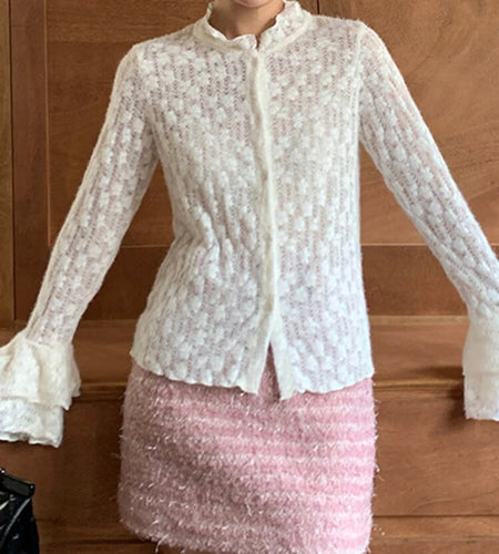 Solid Casual Slimming Sheer Lace Blouses For Women Stand Collar Flare Sleeve Spliced Single Breasted Shirt Female