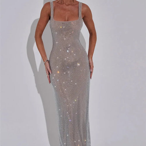 Load image into Gallery viewer, Sequins Backless Sexy Maxi Dress For Women Gown Fashion Sparkle Square Collar Sleeveless Bodycon Club Long Dress
