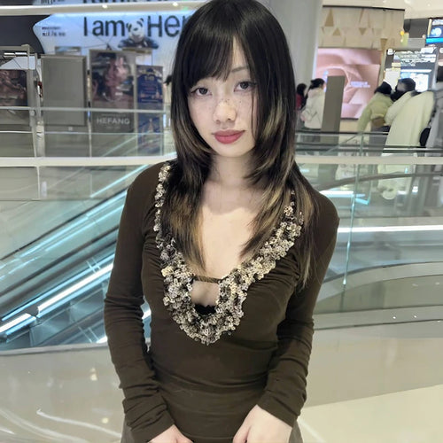 Load image into Gallery viewer, Japanese Y2k V-neck Sequin Tops Trashy 2000s Style Sxey Long Sleeve T-shirt Vintage Harajuku Slim Tops American Retro
