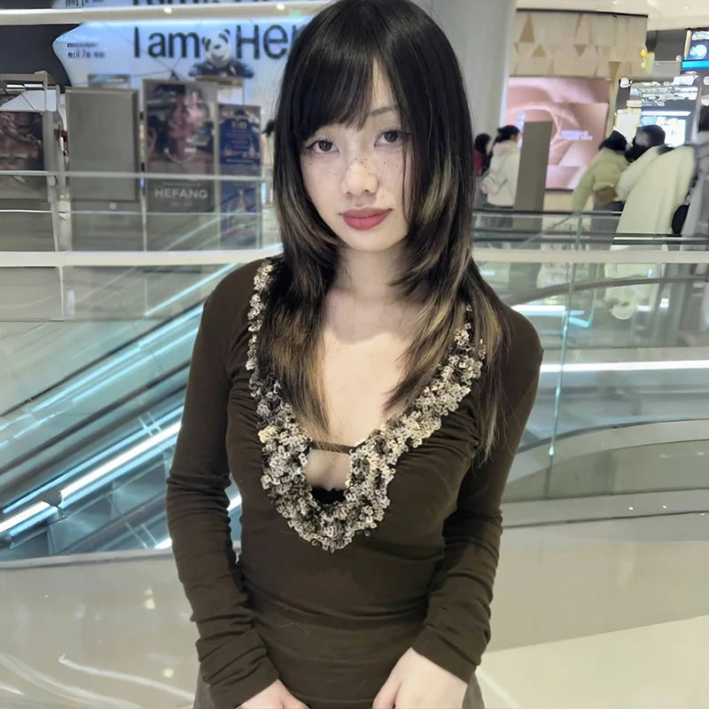 Japanese Y2k V-neck Sequin Tops Trashy 2000s Style Sxey Long Sleeve T-shirt Vintage Harajuku Slim Tops American Retro