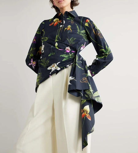 Women‘s Elengant Shirts & Blouses Spring Autumn Long Sleeve Flower Print Asymmetric Office Daily Top Woman Clothing