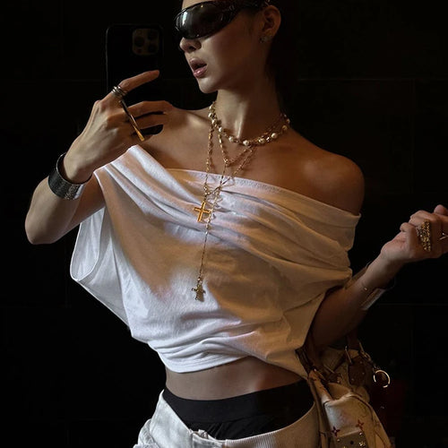 Load image into Gallery viewer, One Shoulder Leisure t-Shirt Women Folds Solid Skinny Loose Summer New Trend Simple Classic Versatile Street Daily Tops
