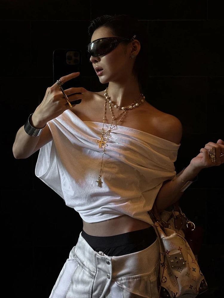 One Shoulder Leisure t-Shirt Women Folds Solid Skinny Loose Summer New Trend Simple Classic Versatile Street Daily Tops