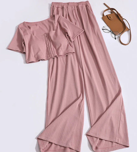 Solid Two Piece Set Women Summer Casual Square Neck Zippered Short Sleeve Tops And Elastic High Waist Wide Legs Long Pants Suit
