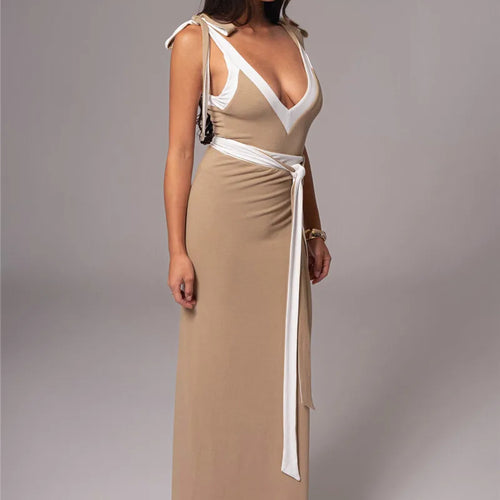 Load image into Gallery viewer, Patchwork Backless Sexy Maxi Dress  Women Fashion Spaghetti Strap V Neck Sleeveless High Split Sexy Long Dress Elegant
