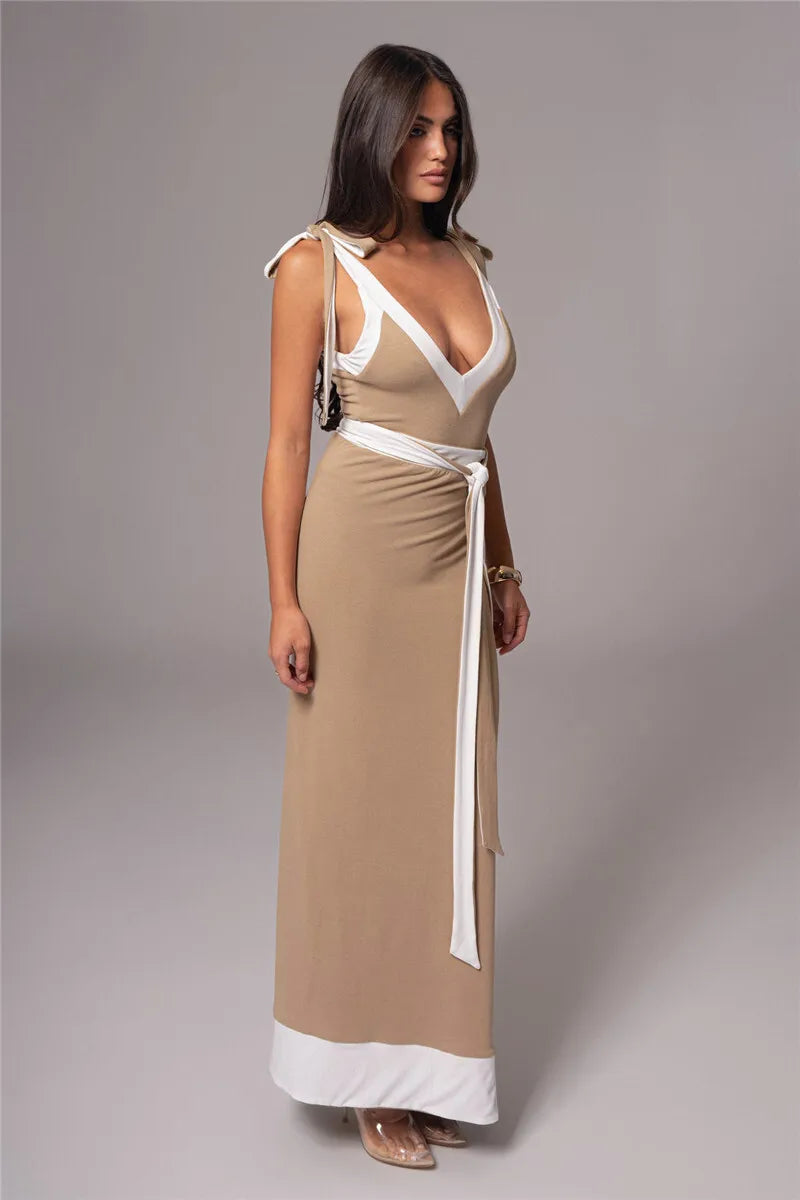 Patchwork Backless Sexy Maxi Dress  Women Fashion Spaghetti Strap V Neck Sleeveless High Split Sexy Long Dress Elegant