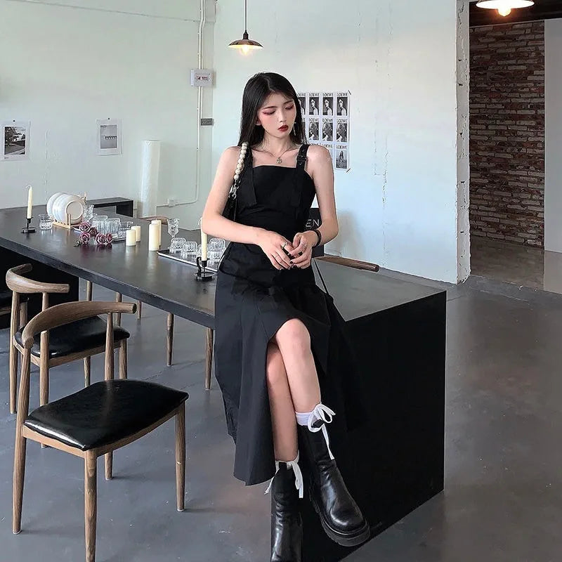 Harajuku Black Slip Dress Korean Style Streetwear Women Summer Sundress Goth Gothic Punk Midi Dress Bandage Party