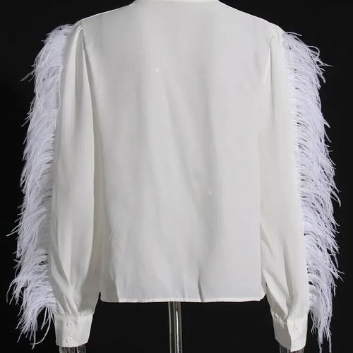 Load image into Gallery viewer, Solid Casual Patchwork Feathers Blouses For Women Lapel Long Sleeve Spliced Single Breasted Shirts Female Fashion
