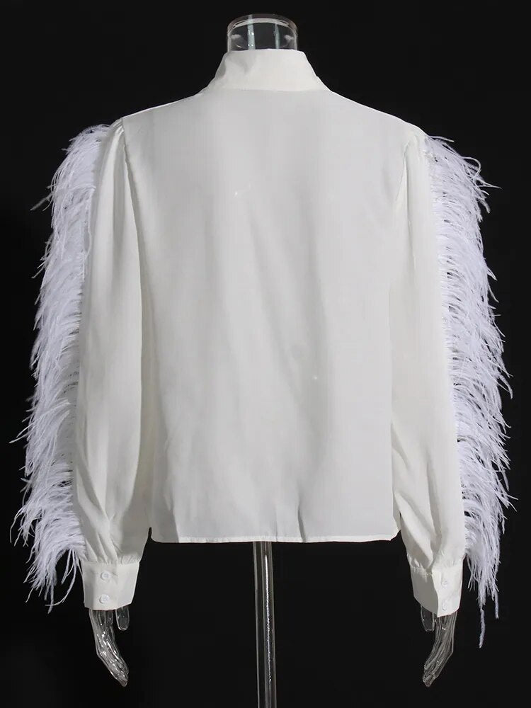 Solid Casual Patchwork Feathers Blouses For Women Lapel Long Sleeve Spliced Single Breasted Shirts Female Fashion