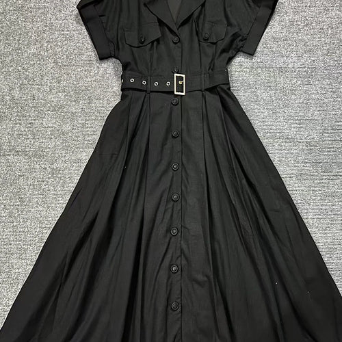 Load image into Gallery viewer, Solid Spliced Pockets Elegant Dress For Women Lapel Short Sleeve Spliced Single Breasted Midi Dress Female Fashion
