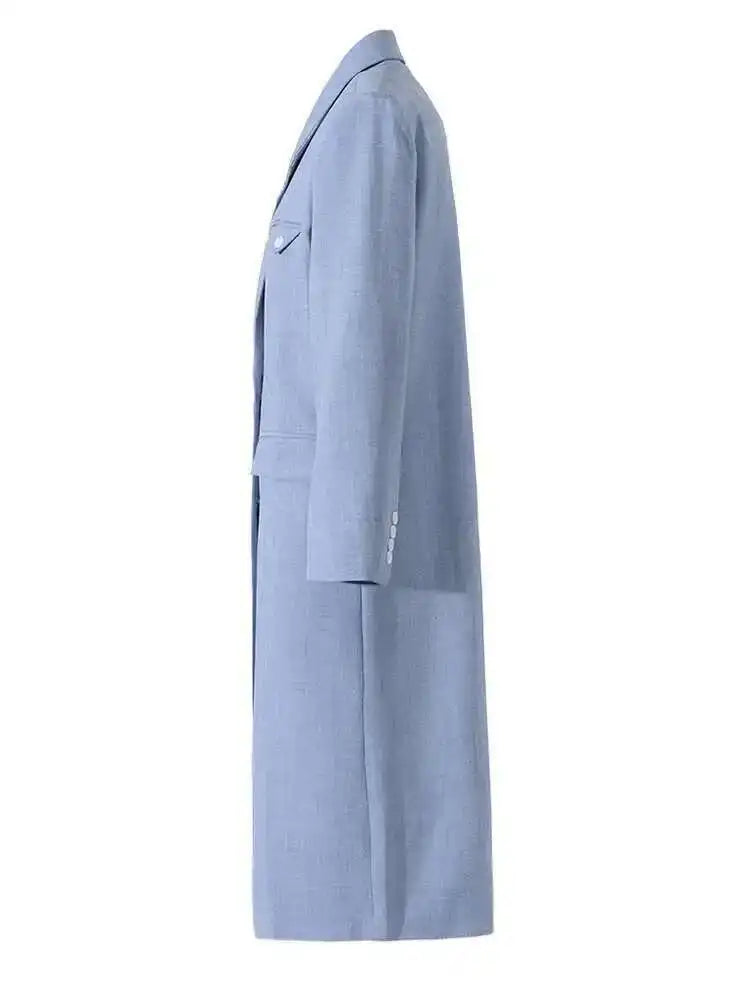 Women Blue Big Size Long Elegant Blazer New Lapel Long Sleeve Loose Fit Jacket Fashion Tide Spring Autumn 2025 2AAA0